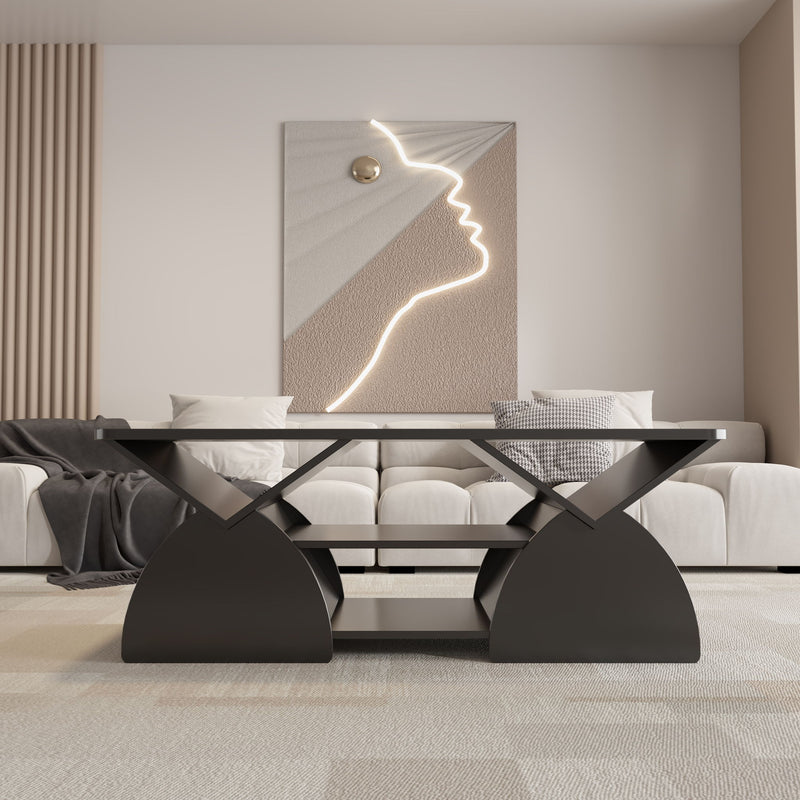 Geometric Engineered Coffee Table With Rounded Corners With Open Shelves