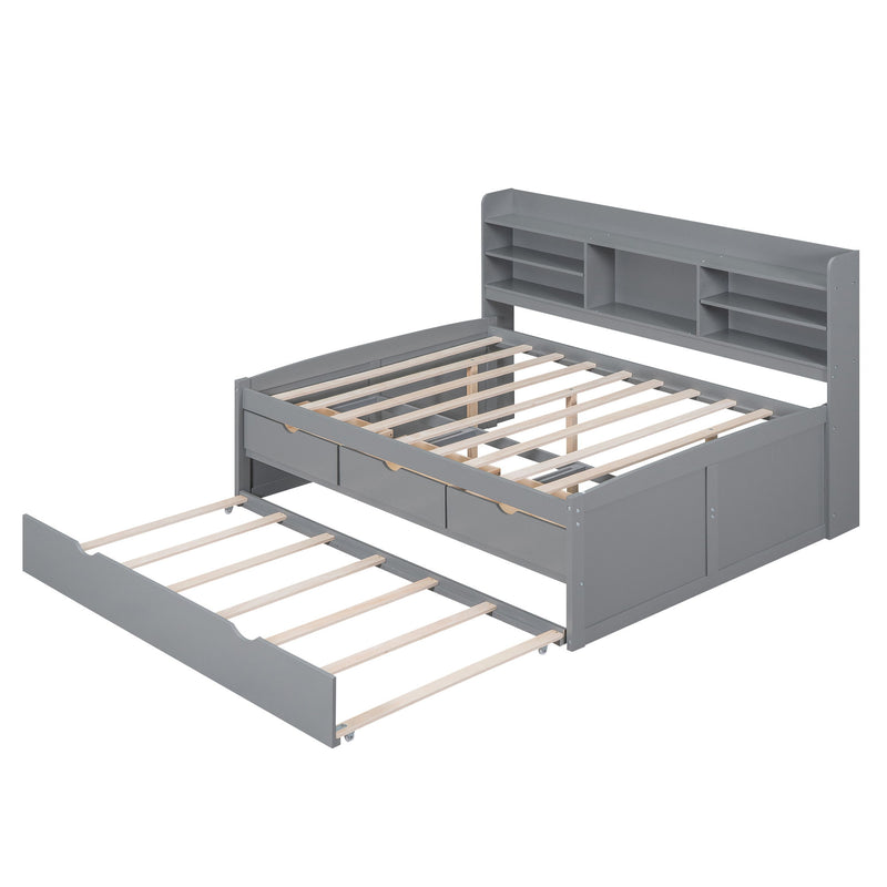 Captain Bed With Built In Bookshelves, 3 Storage Drawers, And Trundle