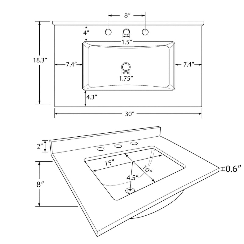 Basin Sink, Triple Faucet Holes, 2" Thick Rim, Sink Only