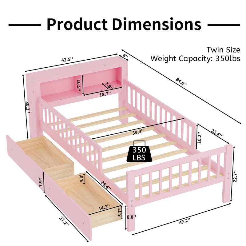 Bed With Headboard Storage Rack, 2 Under Bed Drawers, 3 Side Guardrails For Safety