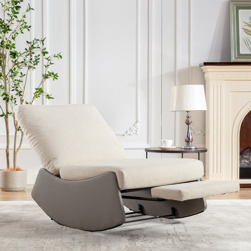 Modern Rocking Chair Recliner, Comfy Rocker Nursery Chair With Footrest, Accent Reading Chair, Upholstered Lounge Chair For Relaxing, Resting, Soft Padded Rocker For Indoor Living Room Bedroom - Gray / Beige