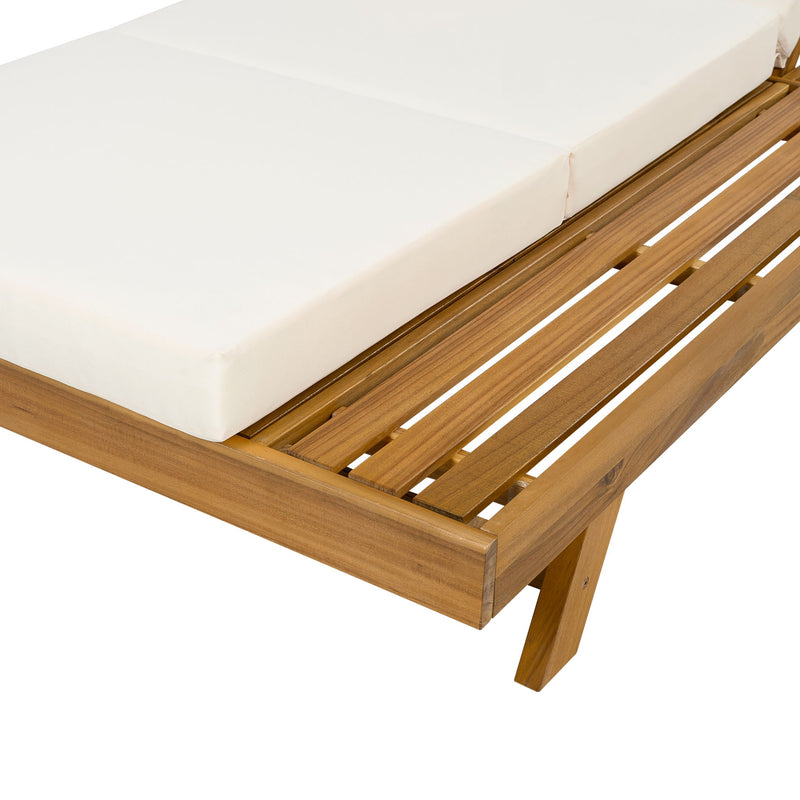 Acacia Wood Lounge Chaise Set With Headrest And Water Resistant Cushions - Beige