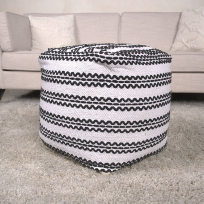Lani - Handcrafted Fabric Pouf, Durable Cotton Square - Natural / Black