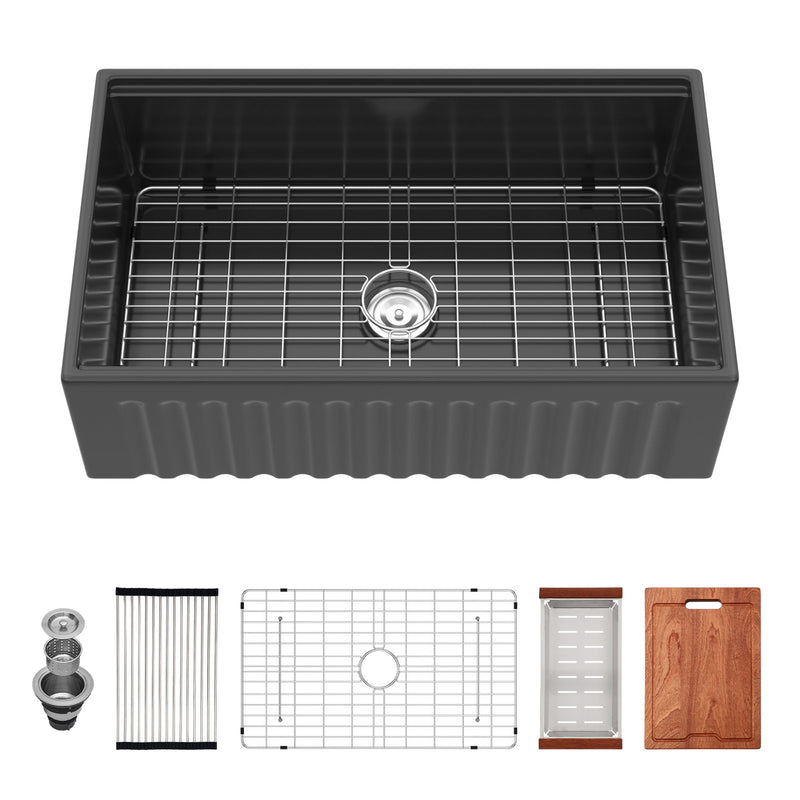 Porcelain Ceramic Farmhouse Sink Workstation With Reversible Apron Design - Single Bowl