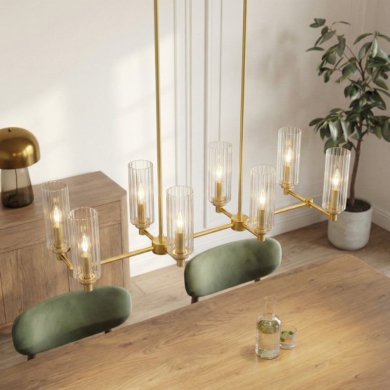 Willow - 8 Lights Island With Clear Ribbed Pendant Lamp Satin - Antique Brass / Clear / Gold