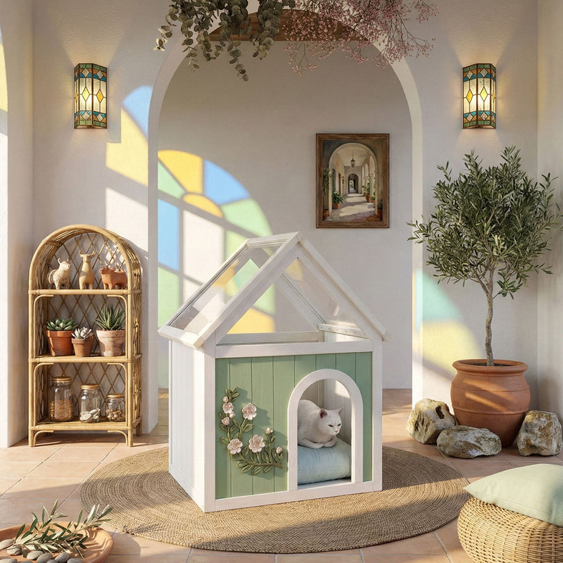Indoor Cat House With Clear Roof Pet House For Small Cats & Dogs - Mint / White