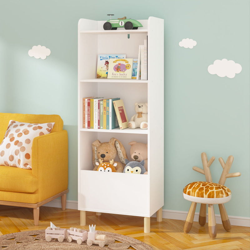 4 Tier Bookcase, Book Display With Safety Restraint, Storage Cabinet For Playroom - White