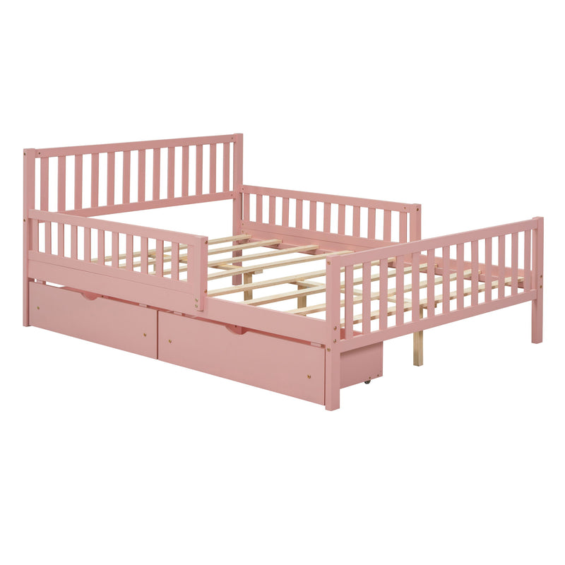 Platform Bed With Guardrails On Both Sides And 2 Storage Drawers