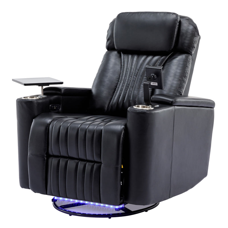270° Power Swivel Recliner Home Theater Chair With Hidden Arm Storage, LED Light, Cup Holder, And Tray Table