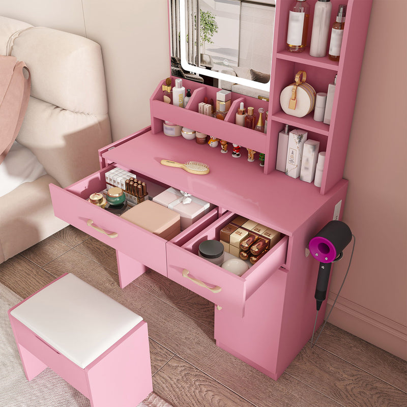 Vanity Desk With LED Mirror Lights And Power Outlet Charging Station, 3 Drawers, 7 Shelves, Storage Stool - Pink