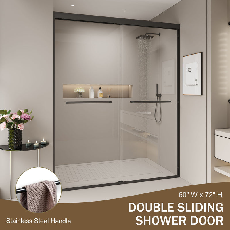 Double Sliding Shower Door, Semi-Frameless Bypass Bathroom Sliding Door With 1/4" (6 Mm) Tempered Glass For Walk-In Shower