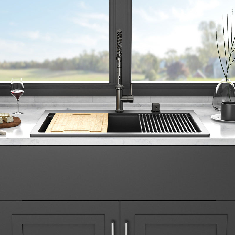 Granite Composite Quartz Kitchen Sink With Workstation Features And Drop In Design