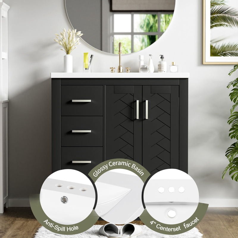Ceramic Sink Combo, Freestanding Vanity Set With 3 Drawers & Soft Closing Doors