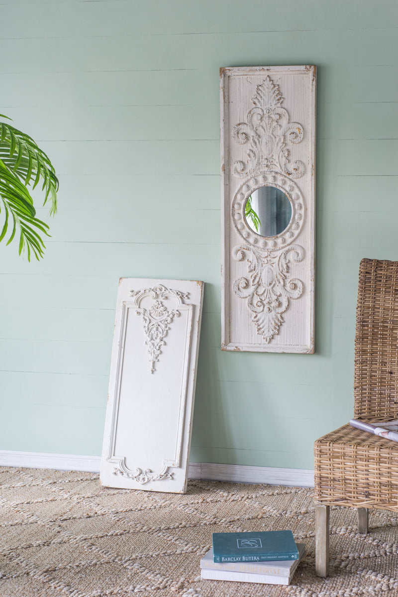Large Wooden Wall Art Panels With Distressed Round Mirror Accents (Set of 2) - White
