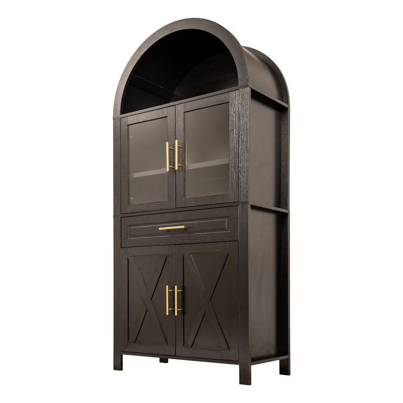 Arched Kitchen Pantry Cabinet With Adjustable Shelves & Barn Door Design