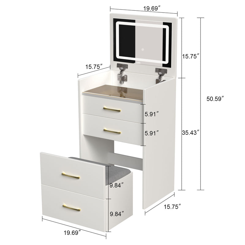 Compact 3 In 1 Vanity Desk With Open Top Mirror, Glass Desktop, 5 Height - White