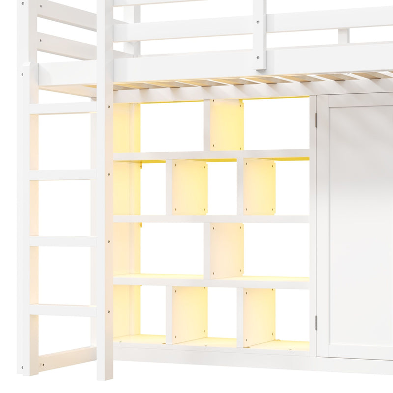 Twin Size Loft Bed With Wardrobe, Storage Shelves, Slide And LED - White
