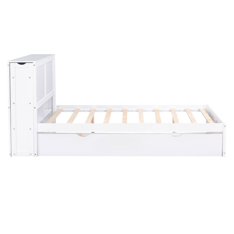 Storage Platform Bed With Pull Out Shelves And Trundle