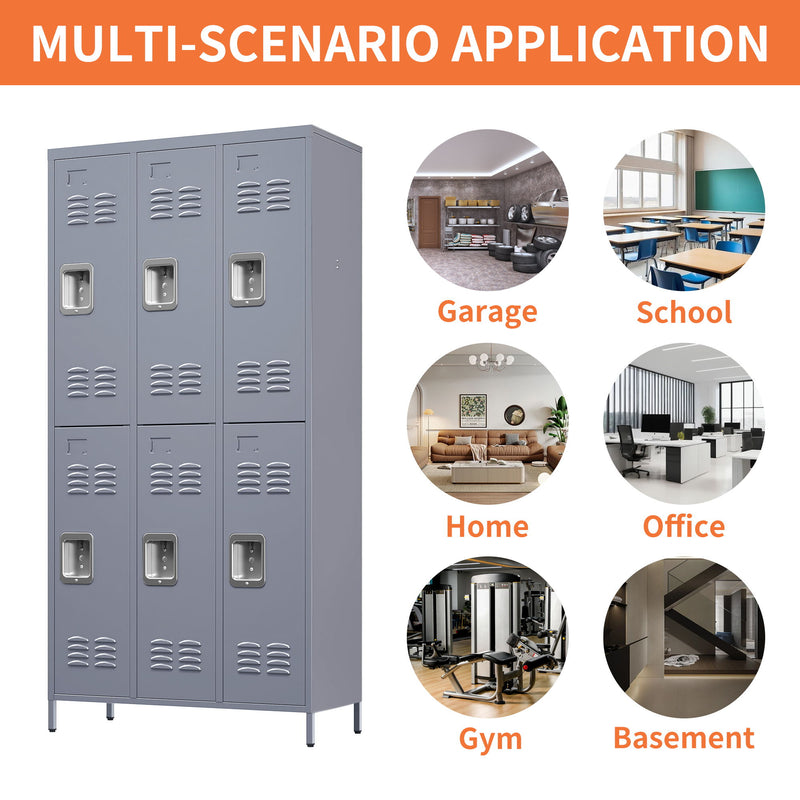 6 Door Lockers With Lock For Employees, Storage Cabinet For Home, Gym, Office, School, Garage - Gray