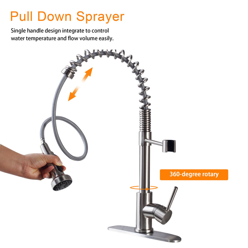 21" Commercial Kitchen Faucet With Dual Function Pull Down Sprayhead In, Stainless Steel - Brushed Nickel