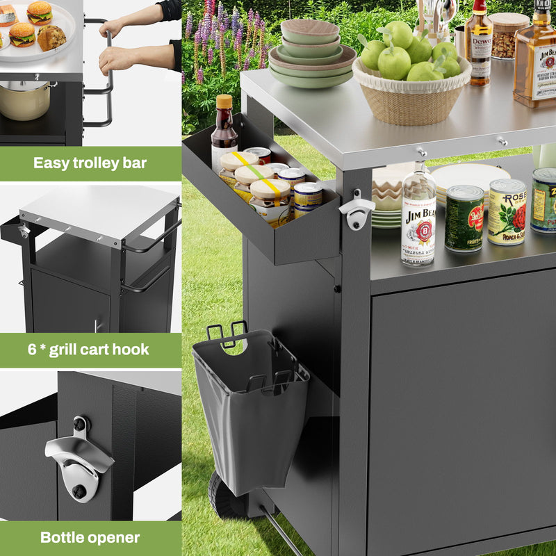 Outdoor Grill Cart With Storage, Rolling Bar Cart With Hooks And Spice Rack Stainless Steel