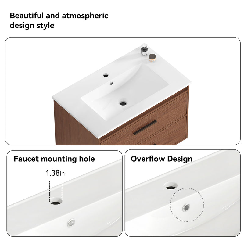 Wall Mounting Bathroom Vanity With Soft Close 2 Drawer, Sink - Reddish Brown