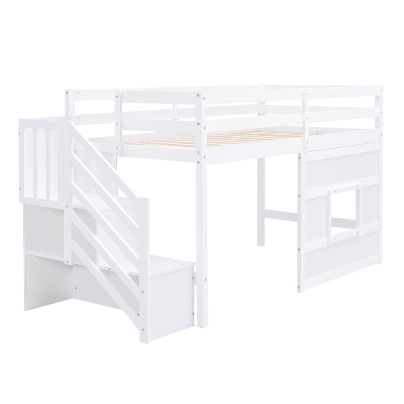 Loft Bed With Storage Staircase, Window & LED Light