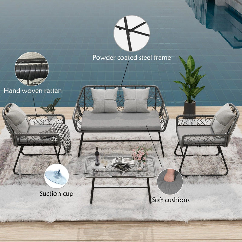 4 Piece Wicker Patio Furniture Set With Tempered Glass Table And Detachable Cushions