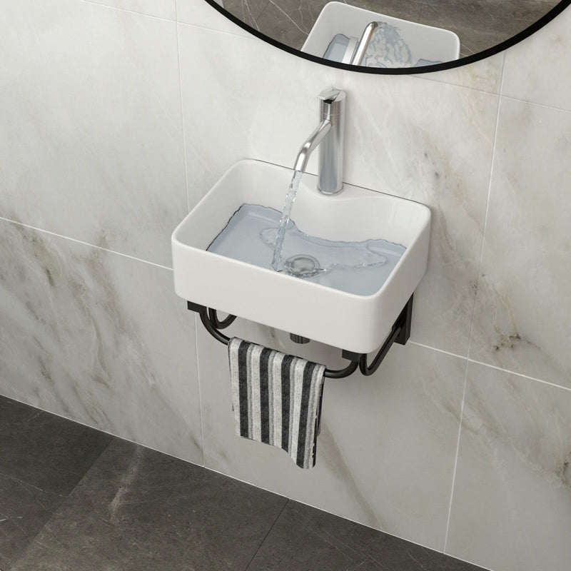 Rectangular Bathroom Sink With Towel Bar & Faucet Hole, Wall Mounted - White