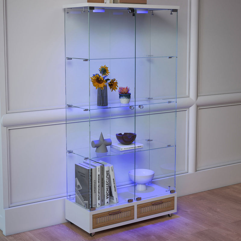 Glass Display Cabinet With LED Lights, Tempered Glass Doors, Large Drawers, 2 Door Storage Case With 4 Shelves - Natural / White