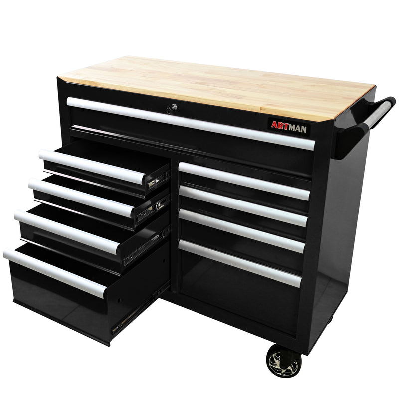9 Drawer Multifunctional Steel Tool Cart With Wheels And Wooden Top