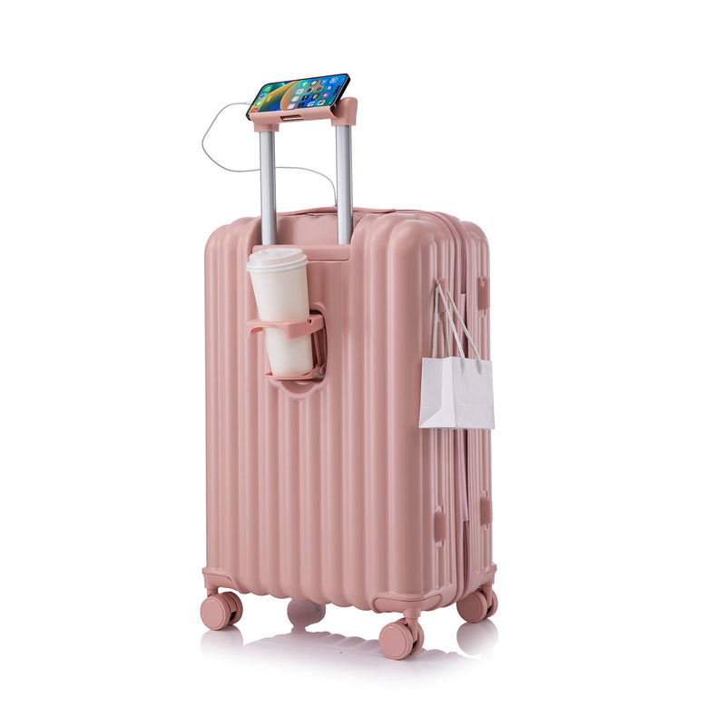20" / 24" / 28" 3 Pieces / Set Spinner Wheel Luggage, Carry On Suitcase, With Cup Holder & USB Port & Phone Holder