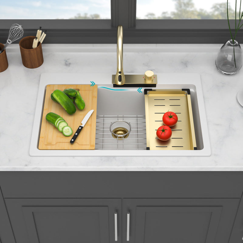 Waterfall Kitchen Sink With Pull Out Faucet & Cup Washer