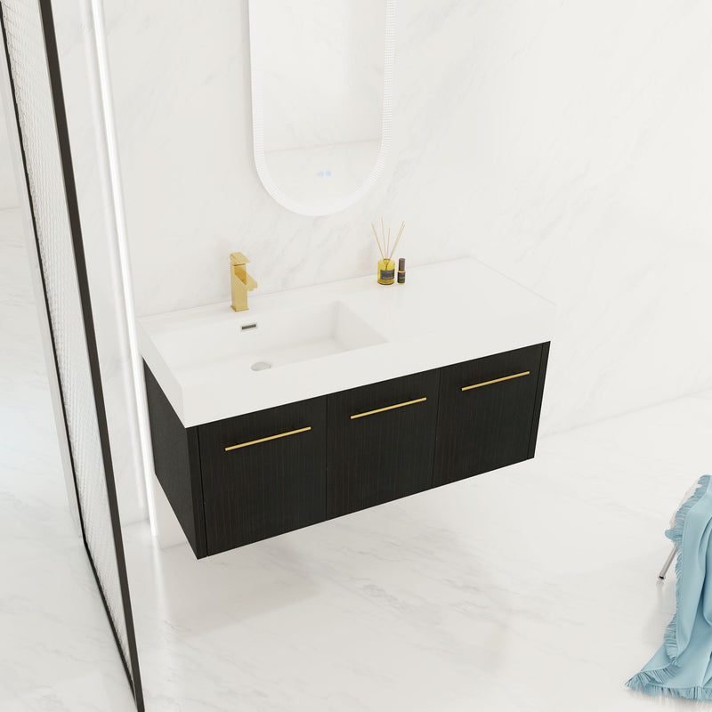 Contemporary 48" Wall Mounted Bathroom Vanity With Resin Sink And Soft Closing Doors And Line - Black Chestnut