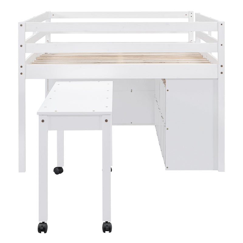 Loft Bed With Retractable Writing Desk And 4 Drawers, With Lateral Portable Desk And Shelves