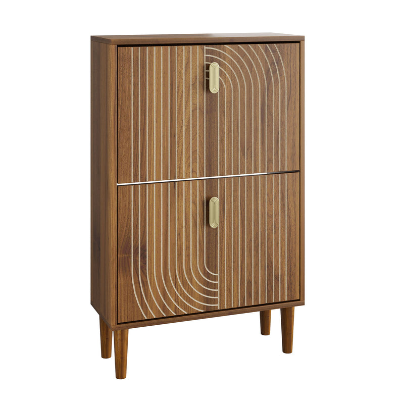 Modern Minimalist Shoe Storage Cabinet With 2 Flip Drawers And Metal Handles - Brown