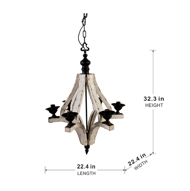 6 Light Wood Chandelier, Hanging Light Fixture With Adjustable Chain For Kitchen, Bulb Not Included - Cream