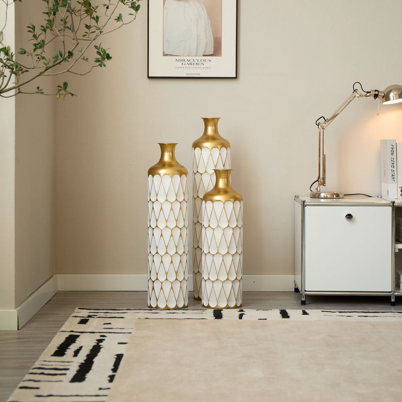 Floor Metal Vase Modern Style Decoration Home Droplet Shaped Metal Vase 3 Piece Set Gorgeous Home Decoration Large Glazed Metal Vase - Gold / White