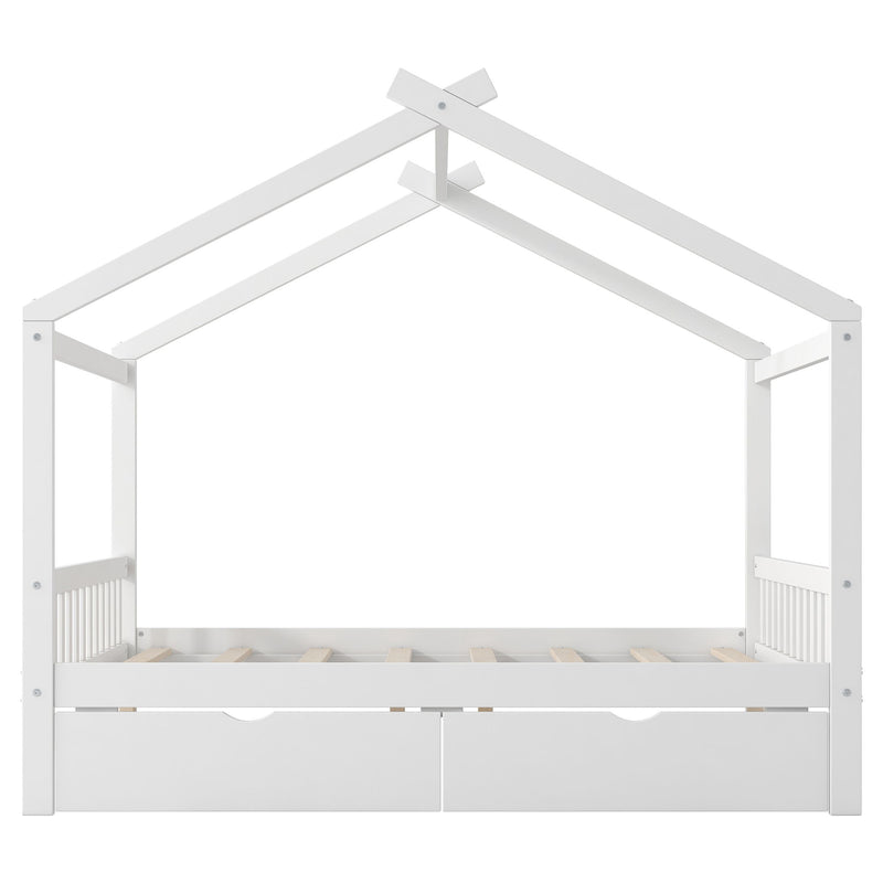 House Style Platform Bed With Headboard, Footboard, 2 Drawers, And Roof Design