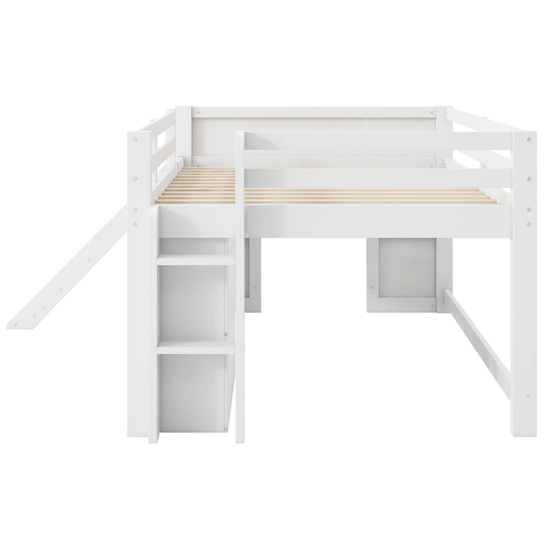 Modern Low Loft Bed With Slide, 3 Storage Drawers, And 2 Doors