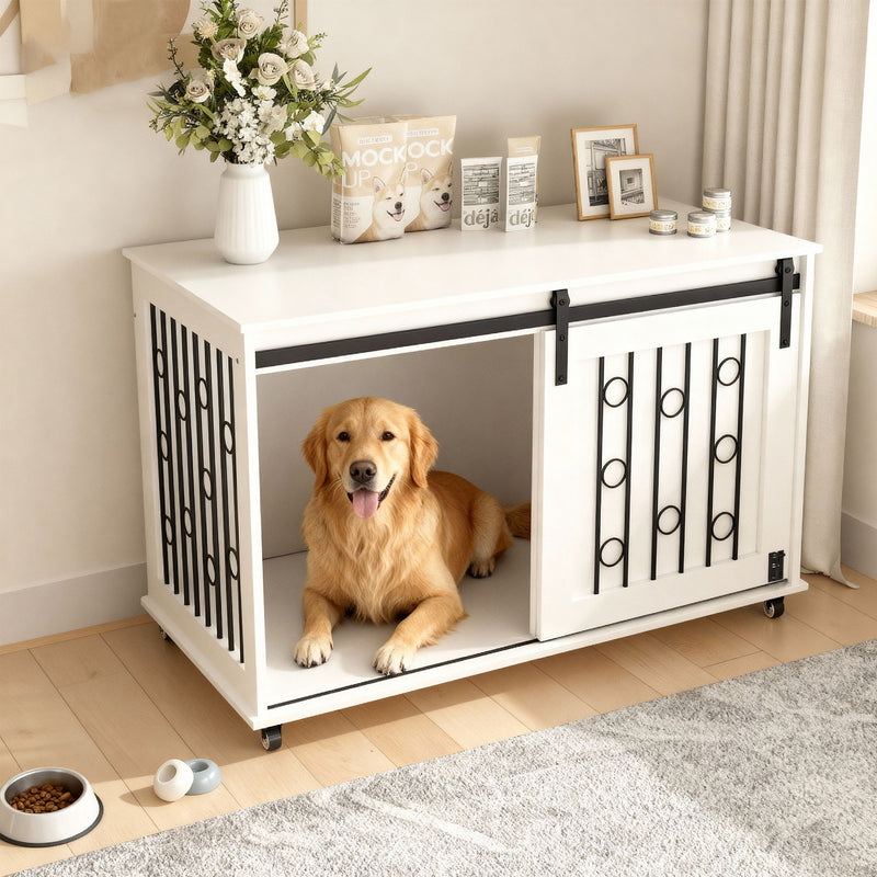Dog Crate With Sliding Barn Door And Side Access, Lockable Wheels For Small To Medium Dogs - White
