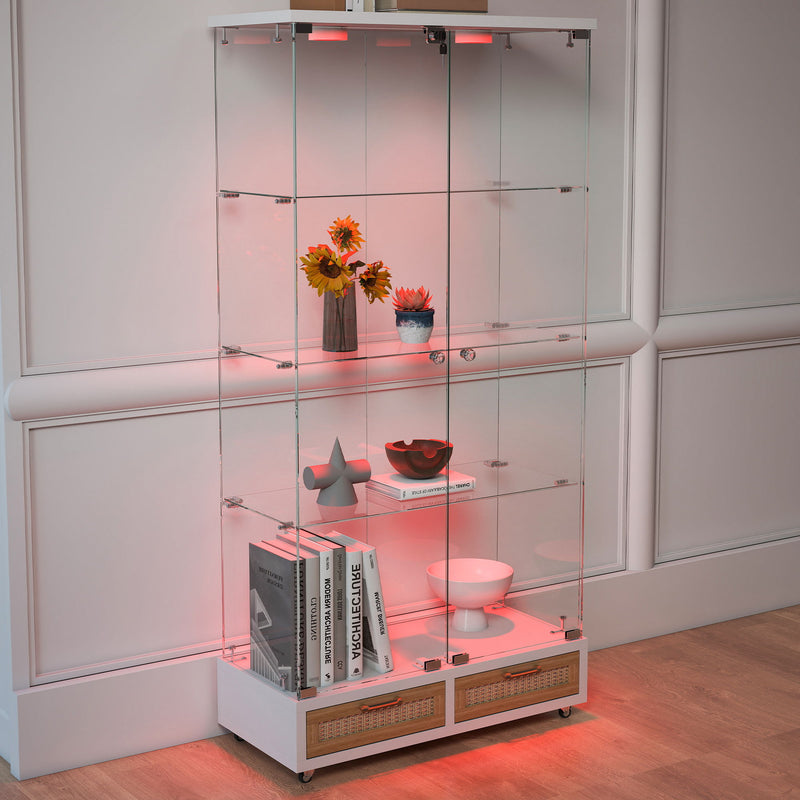 Glass Display Cabinet With LED Lights, Tempered Glass Doors, Large Drawers, 2 Door Storage Case With 4 Shelves - Natural / White