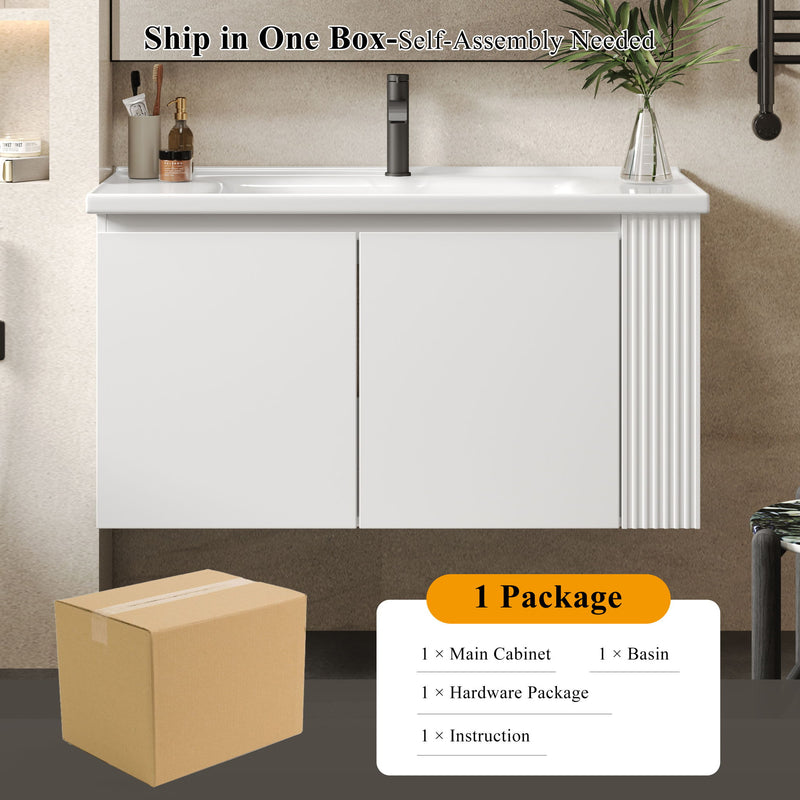 Wall Mounted Bathroom Vanity With Sink, 2 Open Shelves - White