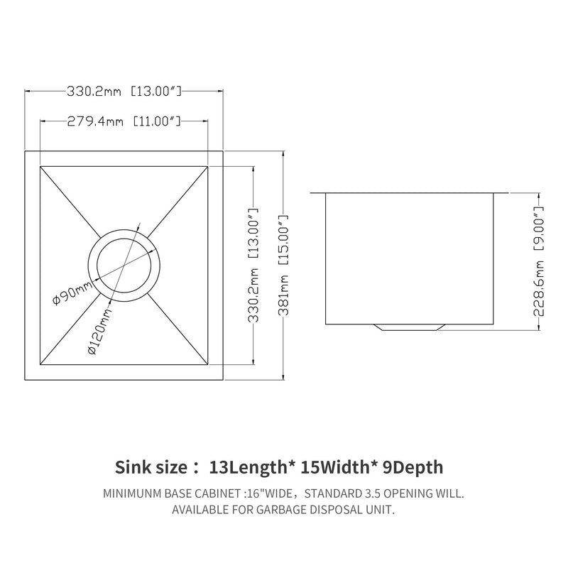 13" Undermount Stainless Steel Kitchen Sink 16 Gauge 9" Deep Single Bowl Basin - Brushed Nickel