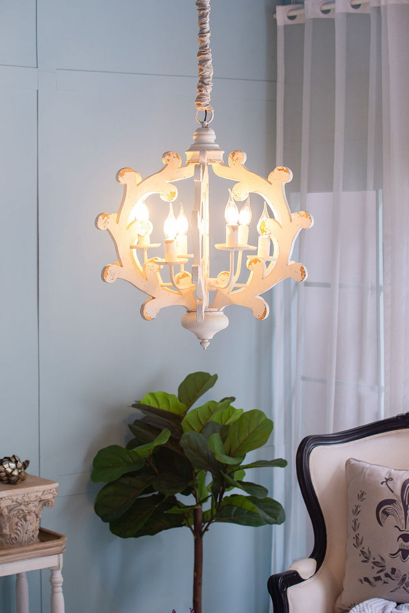 6 Light Chandelier, Hanging Light Fixture With Adjustable Chain For Kitchen, Bulb Not Included - White