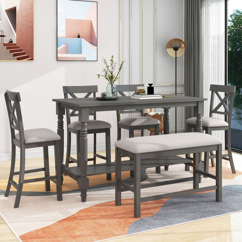 Counter Height Dining Set With Shelf, 4 Chairs And Bench