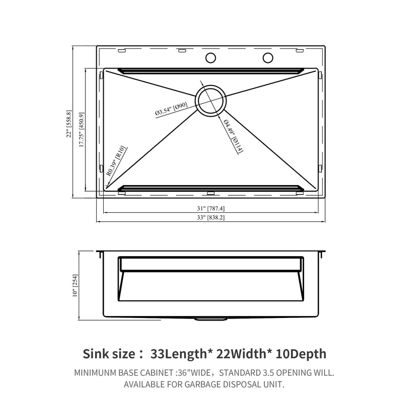 33" Drop In Kitchen Sink Single Bowl 16 Gauge Stainless Steel Ledge Workstation - Brushed Nickel
