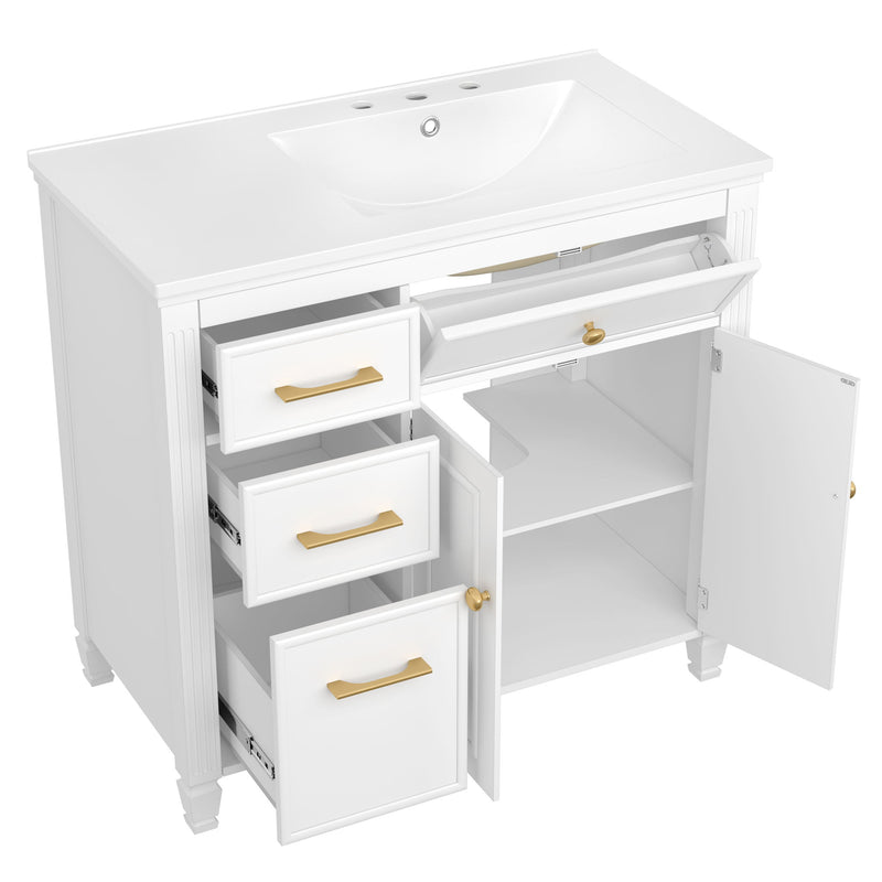 Modern Bathroom Vanity With Ceramic Sink, Freestanding, One Tip Out Drawer, 3 Side Drawers, Adjustable Shelf
