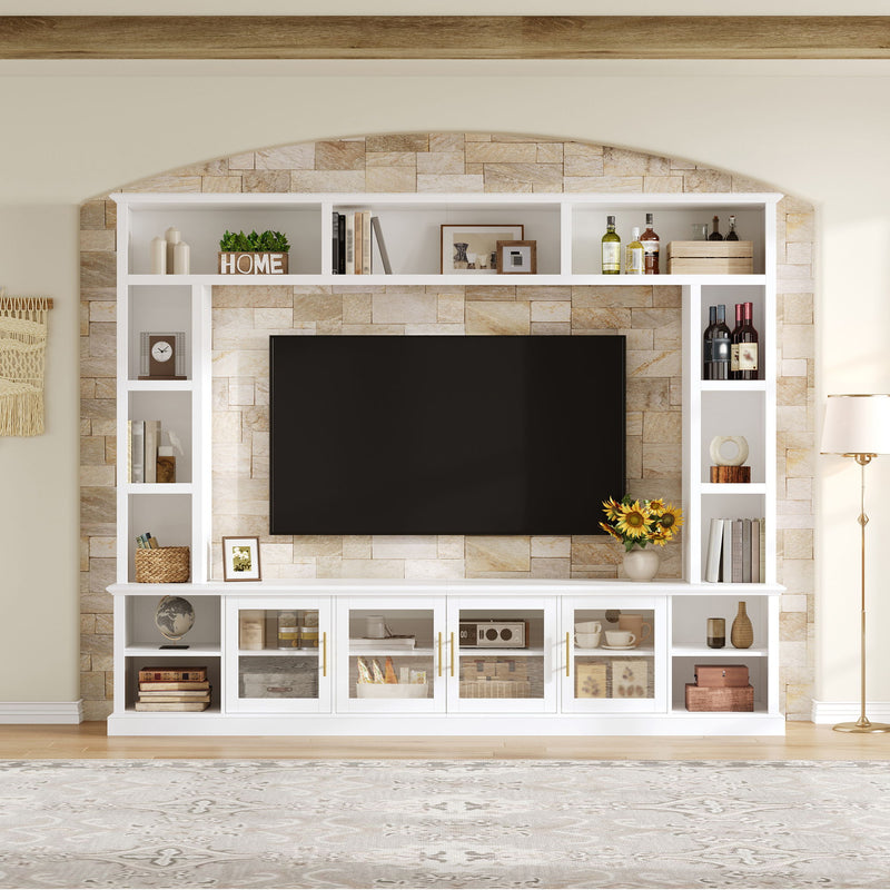 All-In-One Entertainment Center With Bookshelves & Tempered Glass Doors, TV Console Unit For Living Room