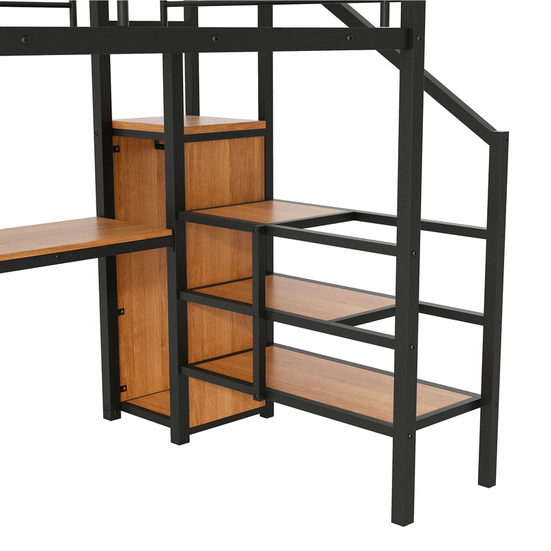 Loft Bed With Desk, Storage Staircase, Small Wardrobe And LED Light
